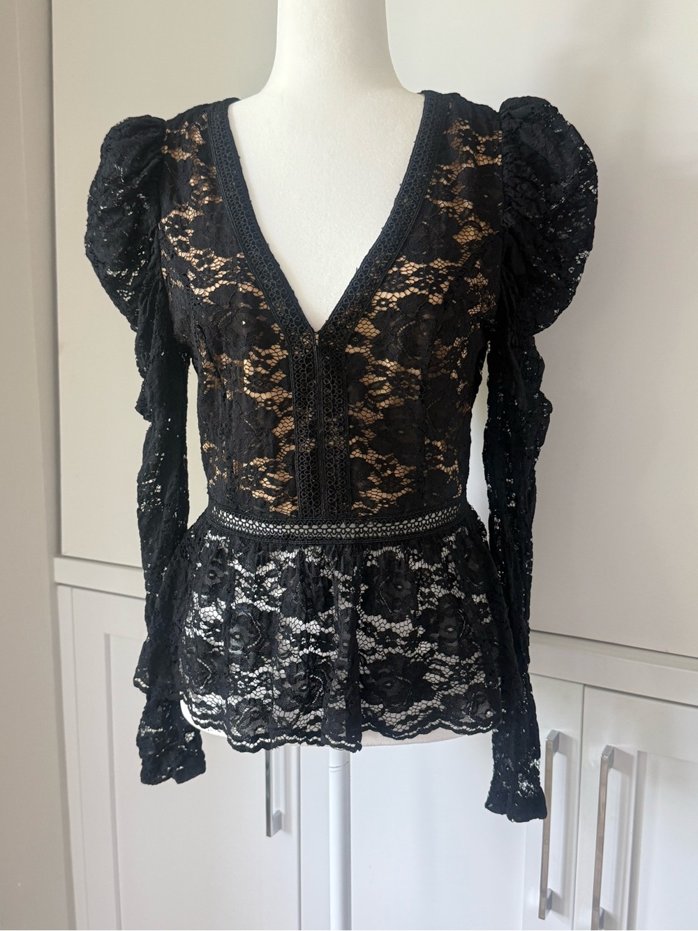 Vici Black Lace V-Neck Puff Sleeve Peplum Top